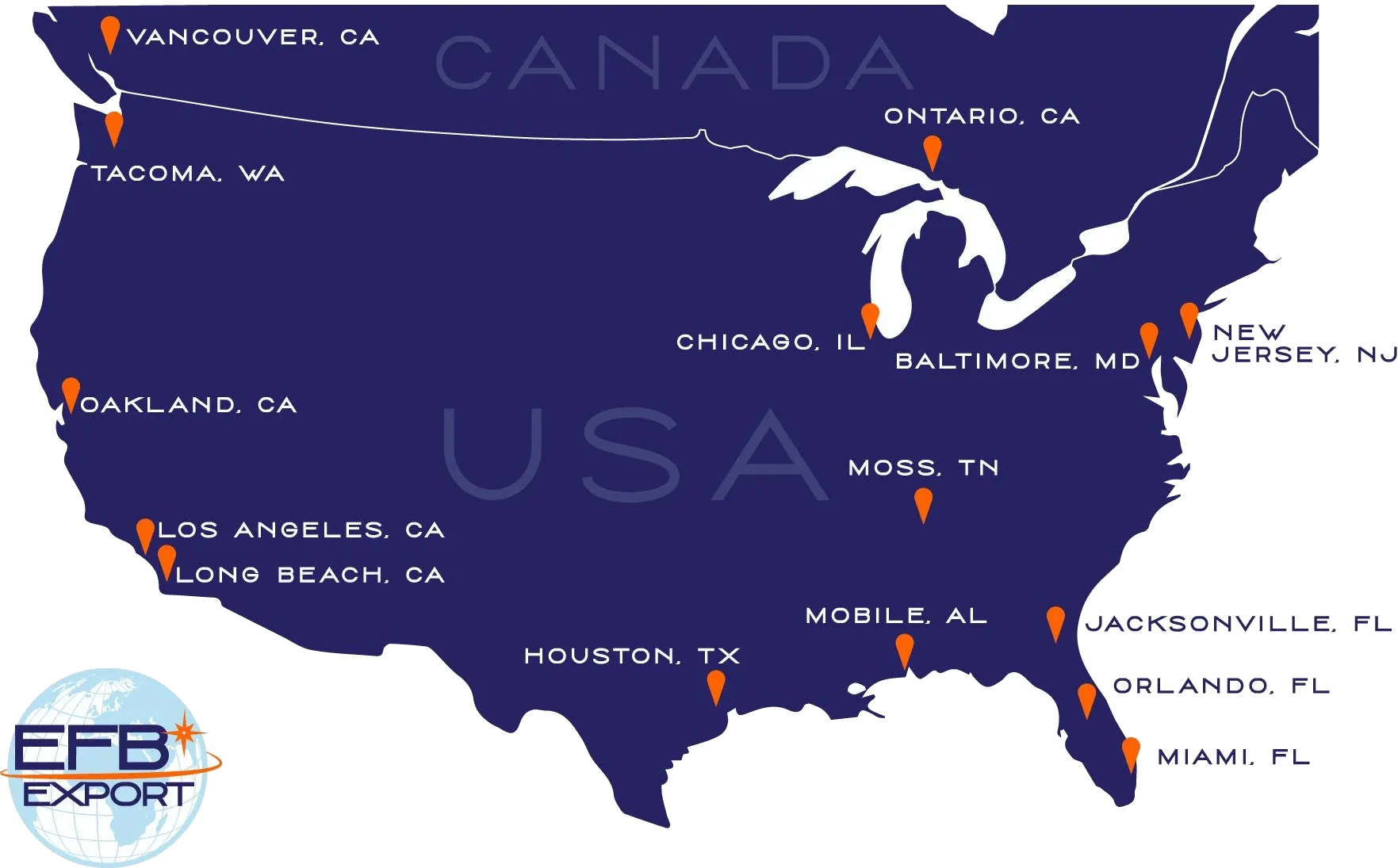 EFB Export U.S. storage and port network — Tacoma, Oakland, Los Angeles, Long Beach, Houston, Mobile, Jacksonville, Orlando, Miami, Baltimore, New Jersey, Chicago, Ontario and more